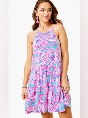 Lilly Pulitzer Evalyn Halter Neck Dress Prosecco Pink Don’t Be Jelly Size XL